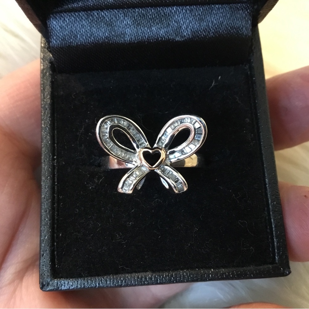 Vintage Sterling Silver & 14K Gold Baguette Natural Diamond Bow Ring